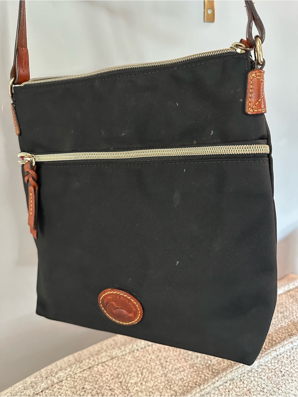 Dooney & Bourke Black Nylon Crossbody with Brown Leather Trim
